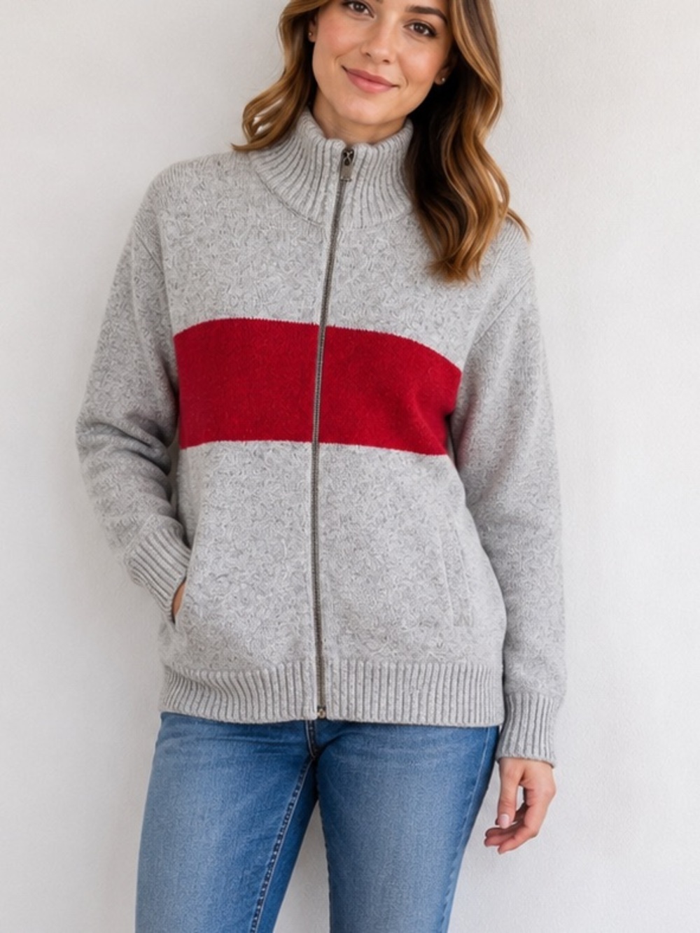 GAP Lambswool Blend Full Zip Sweater Gray Red Stripe Women’s Size L